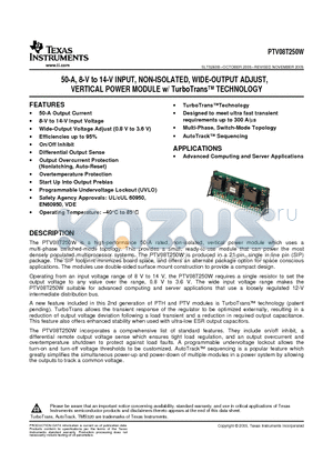 PTV08T250WAD datasheet - 50-A, 8-V to 14-V INPUT, NON-ISOLATED, WIDE-OUTPUT ADJUST, VERTICAL POWER MODULE w/ TurboTrans TECHNOLOGY