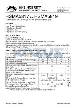 HSMA5817 datasheet - 1.0AMP.SURFACE MOUNT SCHOTTKY BARRIER RECTIFIERS