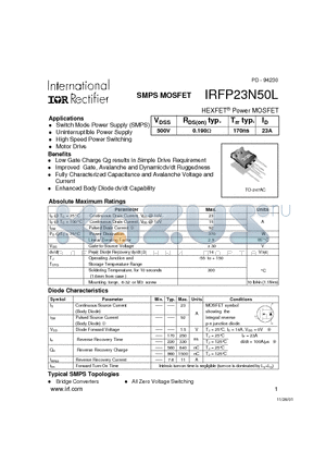 IRFP23N50L datasheet - Power MOSFET(Vdss=500V, Rds(on)=0.190ohm, Id=23A)