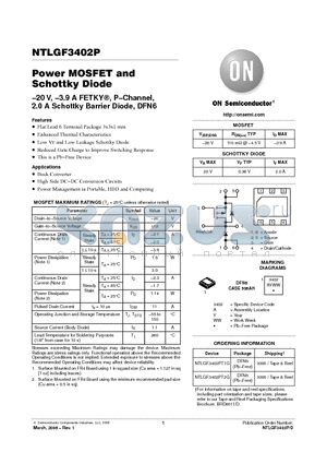 NTLGF3402P datasheet - Power MOSFET and Schottky Diode −20 V, −3.9 A FETKY, P−Channel, 2.0 A Schottky Barrier Diode, DFN6