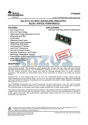 PTV08040WAD datasheet - 50-A, 8-V to 14-V INPUT, NON-ISOLATED, WIDE-OUTPUT ADJUST, VERTICAL POWER MODULE