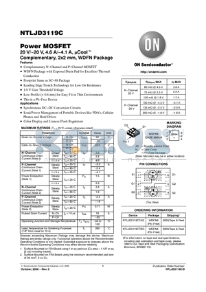 NTLJD3119CTBG datasheet - Power MOSFET 20 V/−20 V, 4.6 A/−4.1 A, uCool Complementary, 2x2 mm, WDFN Package