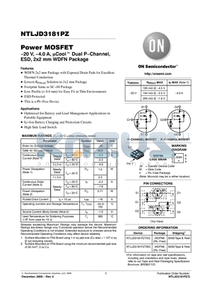 NTLJD3181PZTBG datasheet - Power MOSFET −20 V, −4.0 A, Cool Dual P−Channel, ESD, 2x2 mm WDFN Package