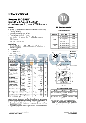 NTLJD3183CZ datasheet - Power MOSFET 20 V/−20 V, 4.7 A/−4.0 A, lCool Complementary, 2x2 mm, WDFN Package