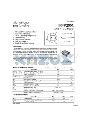 IRFP250 datasheet - Power MOSFET(Vdss = 200 V, Rds(on)=0.075ohm, Id=30A)