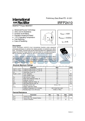 IRFP2410 datasheet - Fourth Generation HEXFETs from International Rectifier utilize advanced processing techniques to achieve the lowest possible on-resistance per silicon