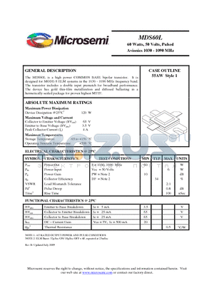 MDS60L datasheet - 60 Watts, 50 Volts, Pulsed Avionics 1030 - 1090 MHz