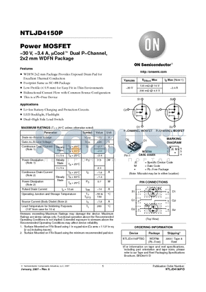 NTLJD4150P_07 datasheet - Power MOSFET -30 V, -3.4 A, uCool TM Dual P-Channel,2x2 mm WDFN Package