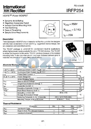 IRFP254 datasheet - Power MOSFET(Vdss = 250 V, Rds(on)=0.14ohm, Id=23A)