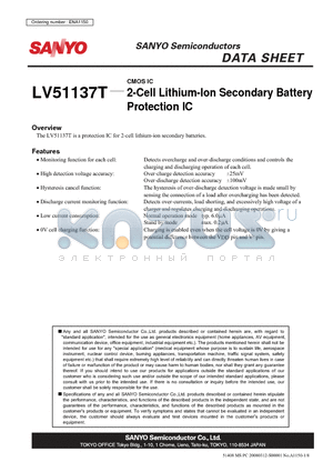 LV51137T datasheet - CMOS IC 2-Cell Lithium-Ion Secondary Battery Protection IC