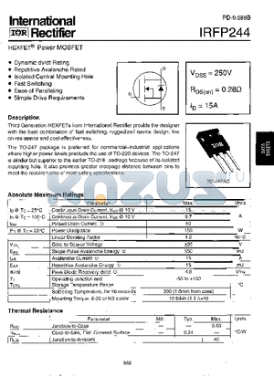 IRFP244 datasheet - Power MOSFET(Vdss=250V, Rds(on)=0.28ohm, Id=15A)