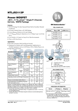 NTLJS3113P datasheet - Power MOSFET −20 V, −7.7 A, uCool TM Single 2x2 mm, WDFN Package