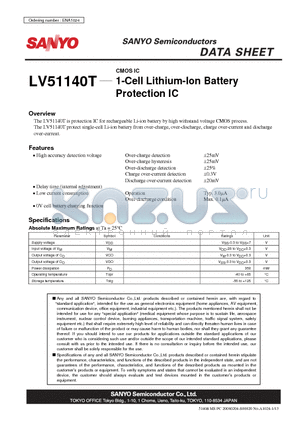 LV51140T datasheet - CMOS IC 1-Cell Lithium-Ion Battery Protection IC