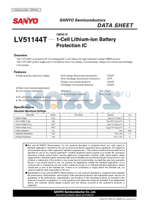 LV51144T datasheet - CMOS IC 1-Cell Lithium-Ion Battery Protection IC