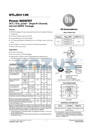 NTLJS4114N datasheet - Power MOSFET 30 V, 7.8 A, uCool Single N−Channel, 2x2 mm WDFN Package