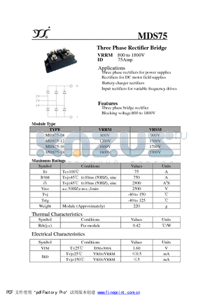 MDS75 datasheet - Three Phase Rectifier Bridge