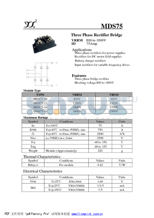 MDS75-08 datasheet - Three Phase Rectifier Bridge