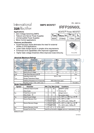 IRFP26N60L datasheet - SMPS MOSFET