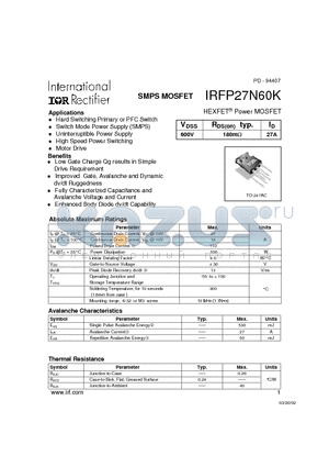 IRFP27N60K datasheet - Power MOSFET(Vdss=600V, Rds(on)typ.=180mohm, Id=27A)