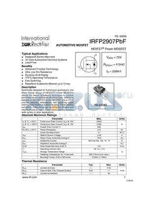 IRFP2907PBF datasheet - AUTOMOTIVE MOSFET (VDSS = 75V , RDS(on) = 4.5mY , ID = 209A)