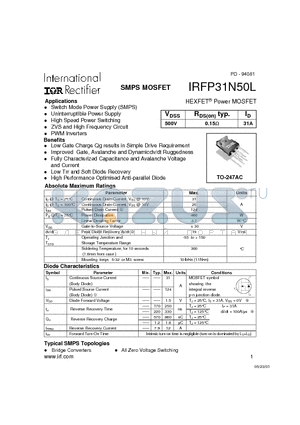 IRFP31N50L datasheet - Power MOSFET(Vdss=500V, Rds(on)typ.=0.15ohm, Id=31A)