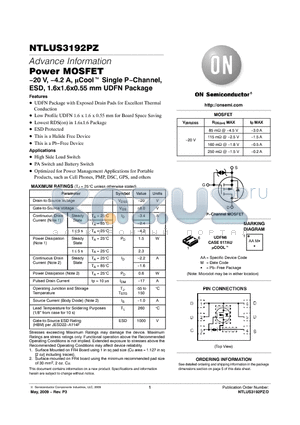 NTLUS3192PZ datasheet - Power MOSFET −20 V, −4.2 A, Cool Single P−Channel, ESD, 1.6x1.6x0.55 mm UDFN Package