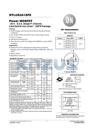 NTLUS3A18PZ datasheet - 20 V, 8.2 A, Single PChannel, 2.0x2.0x0.55 mm Cool UDFN Package