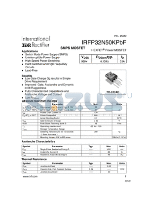 IRFP32N50KPBF datasheet - HEXFET Power MOSFET ( VDSS = 500V , RDS(on)typ. = 0.135Y , ID = 32A )