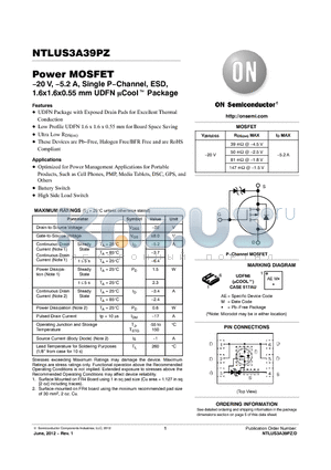NTLUS3A39PZ datasheet - 20 V, 5.2 A, Single PChannel, ESD, 1.6x1.6x0.55 mm UDFN Cool Package