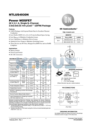 NTLUS4930N-D datasheet - Power MOSFET 30 V, 6.1 A, Single NChannel 2.0x2.0x0.55 mm Cool UDFN6 Package