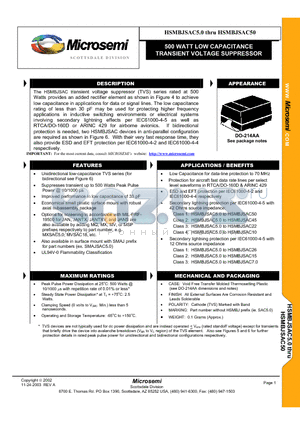 HSMBJSAC50 datasheet - 500 WATT LOW CAPACITANCE TRANSIENT VOLTAGE SUPPRESSOR