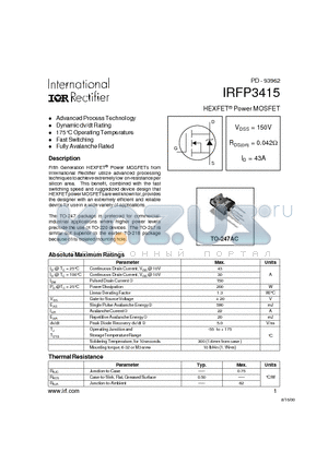 IRFP3415 datasheet - Power MOSFET(Vdss=150V, Rds(on)=0.042ohm, Id=43A)