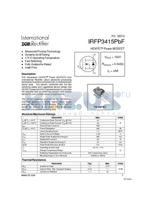 IRFP3415PBF datasheet - HEXFET^ Power MOSFET