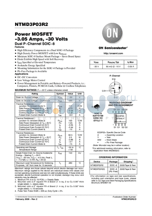NTMD3P03R2G datasheet - Power MOSFET -3.05 Amps, -30 Volts