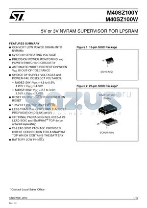 M40SZ100YMH6 datasheet - 5V or 3V NVRAM SUPERVISOR FOR LPSRAM