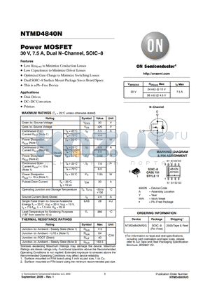 NTMD4840N datasheet - Power MOSFET 30 V, 7.5 A, Dual N−Channel, SOIC−8