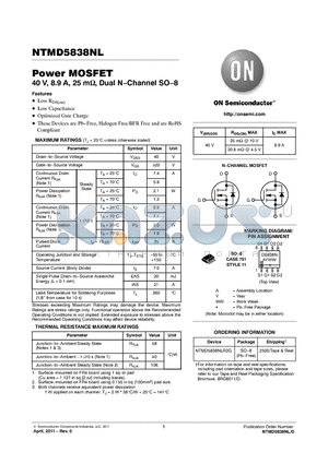 NTMD5838NLR2G datasheet - Power MOSFET 30 V, 11.6 A, NChannel, SO8 Optimized Gate Charge