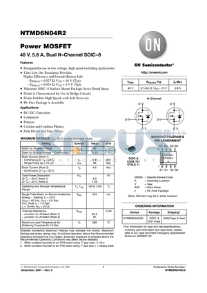 NTMD6N04R2 datasheet - Power MOSFET 40 V, 5.8 A, Dual N-Channel SOIC-8