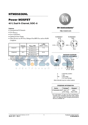NTMD5836NLR2G datasheet - Power MOSFET 40 V, Dual NChannel, SOIC8 Optimized Gate Charge