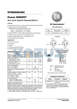 NTMD6N04R2G datasheet - Power MOSFET 40 V, 5.8 A, Dual N-Channel SOIC-8