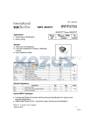 IRFP3703 datasheet - Power MOSFET(Vdss=30V, Rds(on)max=0.0028ohm, Id=210A)