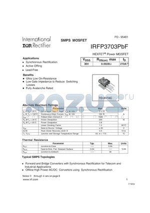 IRFP3703PBF datasheet - HEXFET Power MOSFET