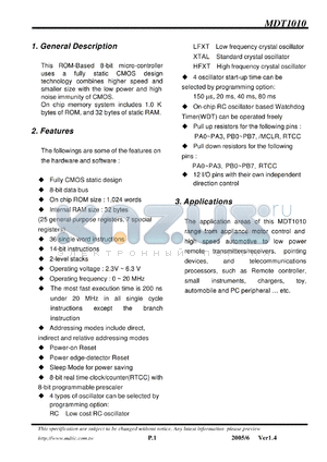 MDT1010 datasheet - 8-bit micro-controller