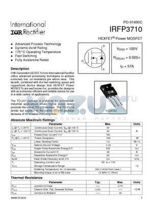 IRFP3710 datasheet - Power MOSFET(Vdss=100V, Rds(on)=0.025W, Id=57A)