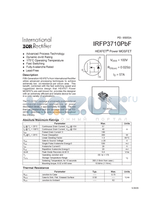 IRFP3710PBF datasheet - HEXFET POWER MOSFET ( VDSS = 100V , RDS(on) = 0.025Y , ID = 57A )