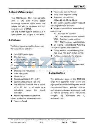 MDT1030 datasheet - 8-bit micro-controller