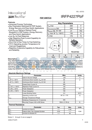 IRFP4227PBF datasheet - PDP SWITCH