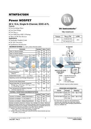 NTMFS4708NT3G datasheet - Power MOSFET 30 V, 19 A, Single N-Channel, SOIC-8 FL