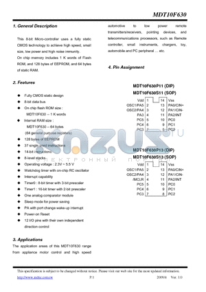 MDT10F630 datasheet - 8-bit Micro-controller