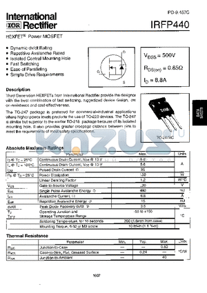 IRFP440 datasheet - Power MOSFET(Vdss=500V, Rds(on)=0.85ohm, Id=8.8A)